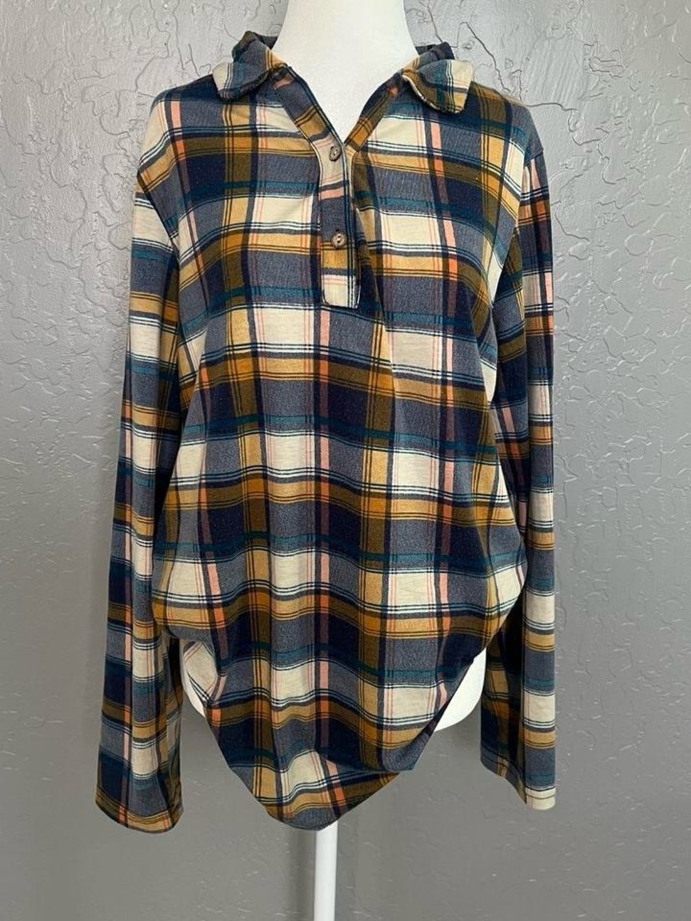 Plaid Hooded Pullover Shirt - Navy, Mustard & Cream